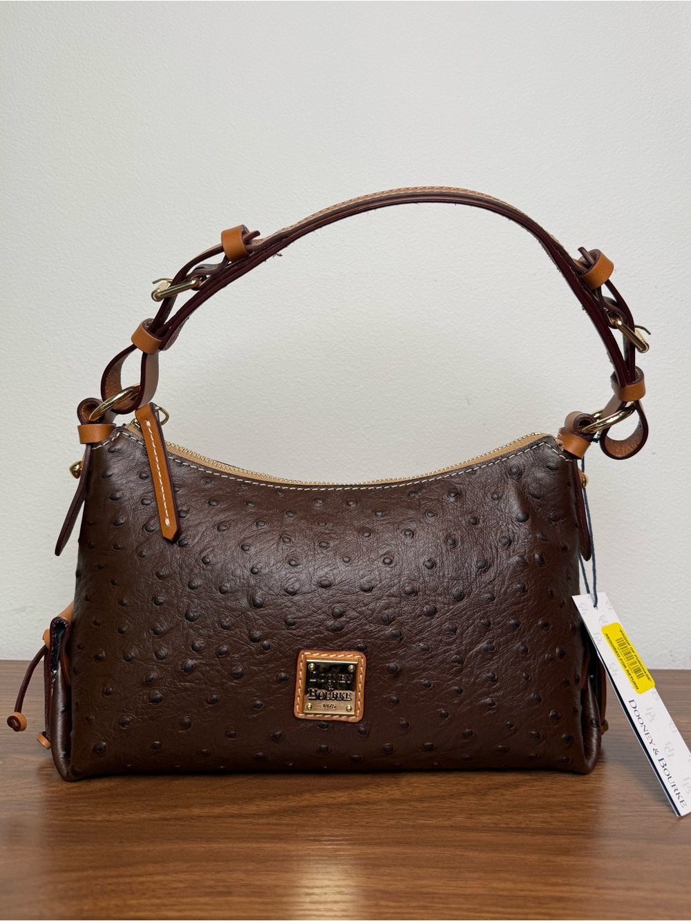 Dooney & Bourke Hobo 25 Brown Ostrich Embossed Leather Shoulder Bag
